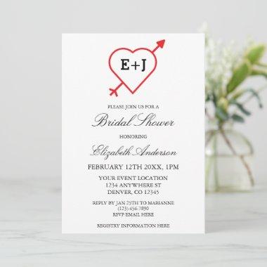Monogram Heart And Arrow Bridal Shower Invitations
