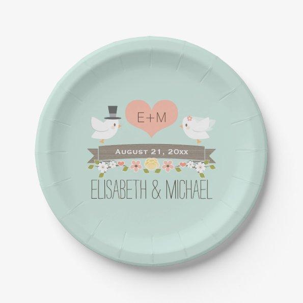 Monogram Heart Mint Green Love Bird Dove Wedding Paper Plates