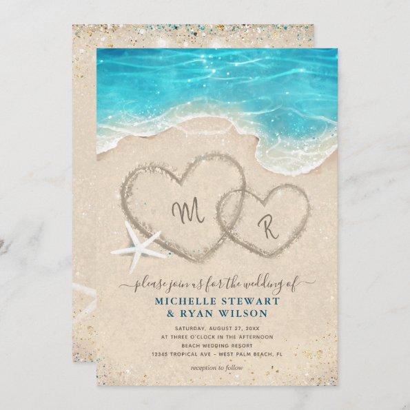 Monogram Hearts in the Sand Beach Wedding Invitations