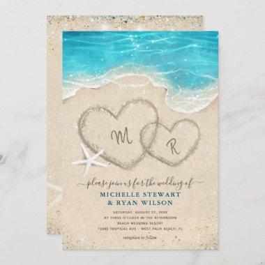 Monogram Hearts in the Sand Beach Wedding Invitations