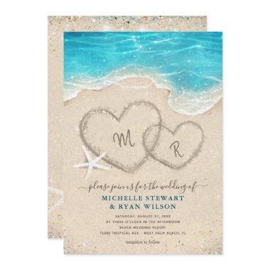 Monogram Hearts in the Sand Beach Wedding Invitations