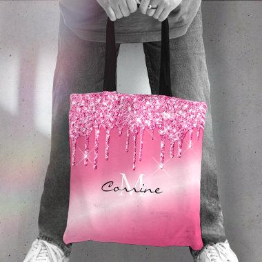 Monogram Hot Pink Dripping Glitter Metallic Name Tote Bag