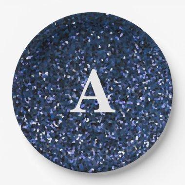 Monogram Initial Blue Glitter White Custom Name Paper Plates