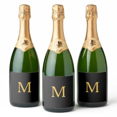 Monogram Initial Custom Name Gold Black Trendy Sparkling Wine Label