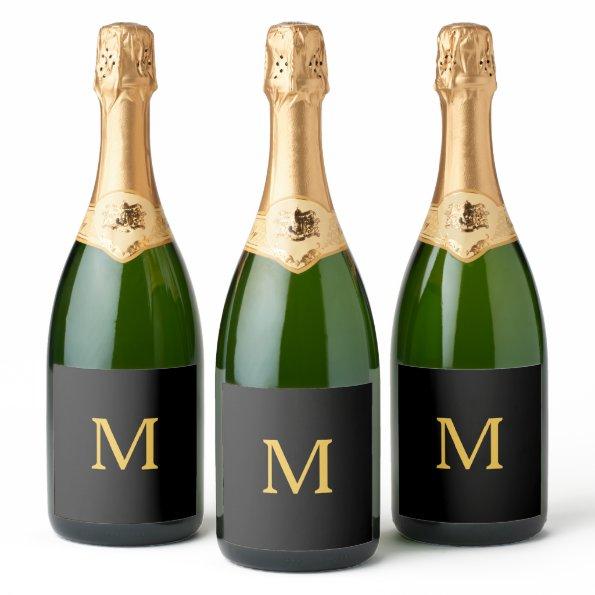 Monogram Initial Custom Name Gold Black Trendy Sparkling Wine Label