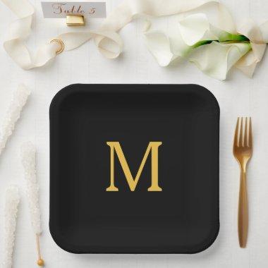 Monogram Initial Custom Name Gold Golden Black Paper Plates