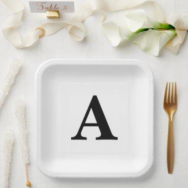 Monogram Initial Elegant Custom Name Black White Paper Plates