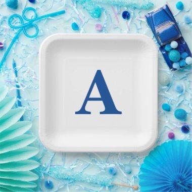 Monogram Initial Elegant Custom Name Blue White Paper Plates