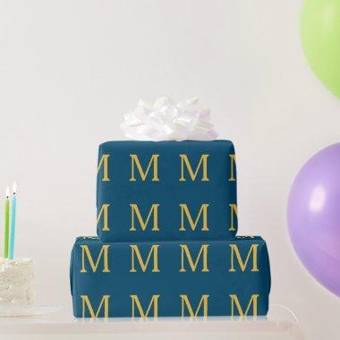 Monogram Initial Gold Blue Custom Name 2023 Wrapping Paper