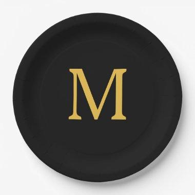 Monogram Initial Gold Golden Black Custom Name Paper Plates
