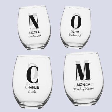 Monogram Initial Name Personalized Wedding Party Stemless Wine Glass