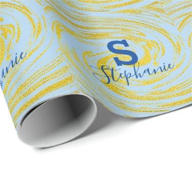 Monogram Initial Name Teal Blue Gold Glitter Cute Wrapping Paper