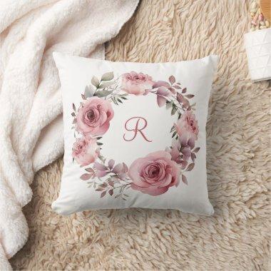 Monogram Initial Pink Roses Greenery Watercolor Throw Pillow