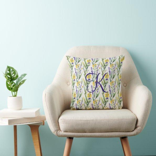 Monogram Initial Purple Yellow Wildflowers Floral Throw Pillow