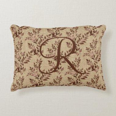 Monogram Initial Script Brown Rose Gold Leaves Accent Pillow
