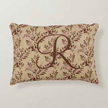 Monogram Initial Script Brown Rose Gold Leaves Accent Pillow