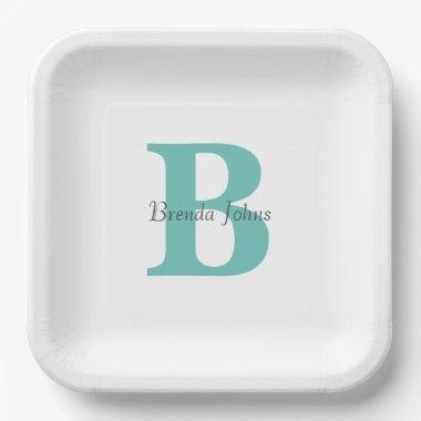Monogram Initials Name Baby Shower Teal Blue White Paper Plates