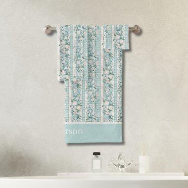 Monogram Initials Pink Mint Green Florals Gingham Bath Towel Set