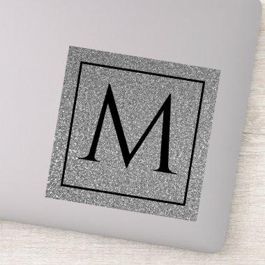 Monogram Initials Silvery Grey Glitter Custom Name Sticker