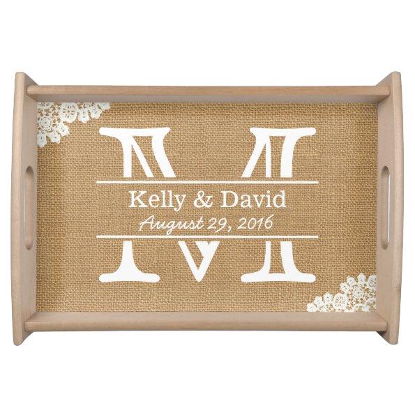 Monogram Lace & Burlap Rustic Wedding Serving Tray