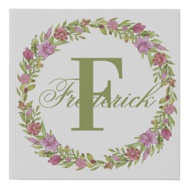 Monogram Last Name Initial Floral Wreath  Faux Canvas Print