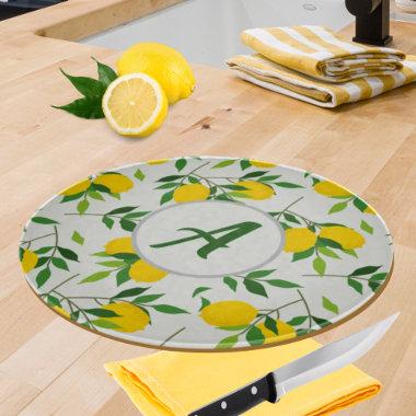 Monogram Lemons and Leaves Pattern Cutting Board