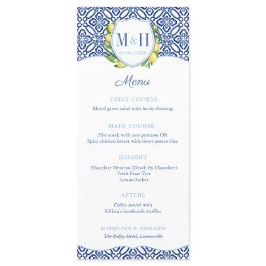 Monogram Lemons Blue Tiles Wedding Shower Party Menu