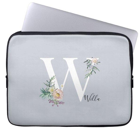 Monogram Letter W Floral Personalized Laptop Sleeve