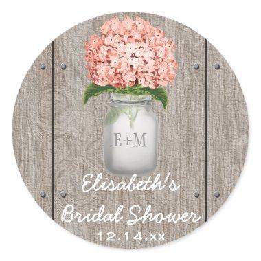 Monogram Mason Jar Coral Hydrangea Bridal Shower Classic Round Sticker