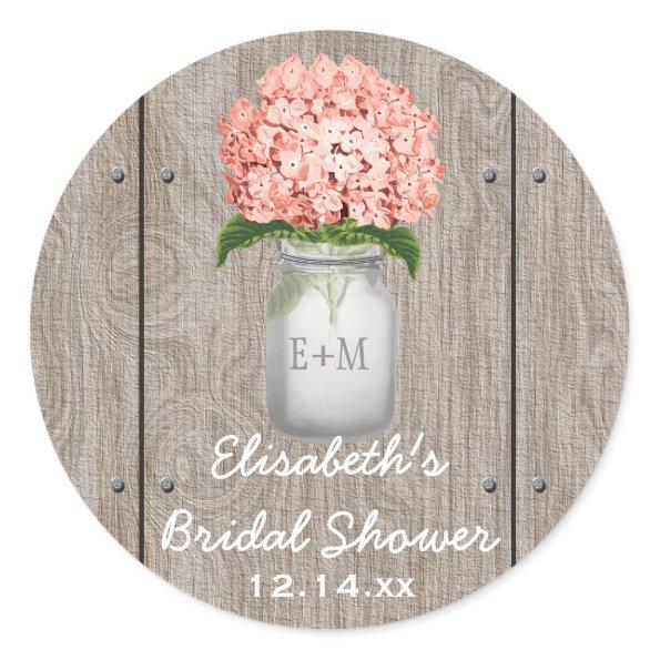 Monogram Mason Jar Coral Hydrangea Bridal Shower Classic Round Sticker
