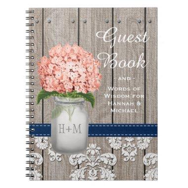 Monogram Mason Jar Coral Navy Hydrangea Guest Book