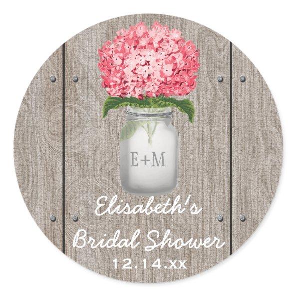 Monogram Mason Jar Fuchsia Hydrangea Bridal Shower Classic Round Sticker