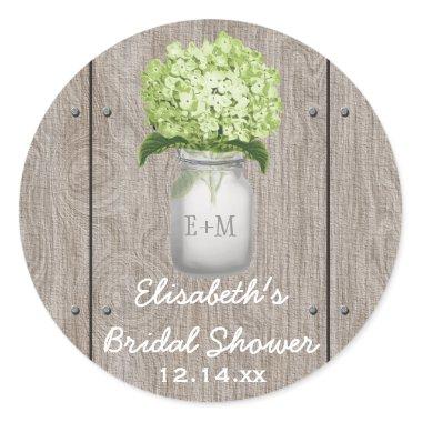 Monogram Mason Jar Green Hydrangea Bridal Shower Classic Round Sticker