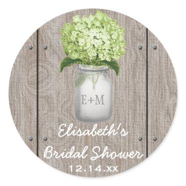 Monogram Mason Jar Green Hydrangea  Classic Round Sticker