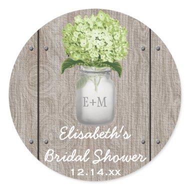 Monogram Mason Jar Green Hydrangea Bridal Shower Classic Round Sticker