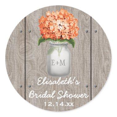 Monogram Mason Jar Orange Hydrangea Bridal Shower Classic Round Sticker