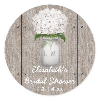 Monogram Mason Jar White Hydrangea Bridal Shower Classic Round Sticker