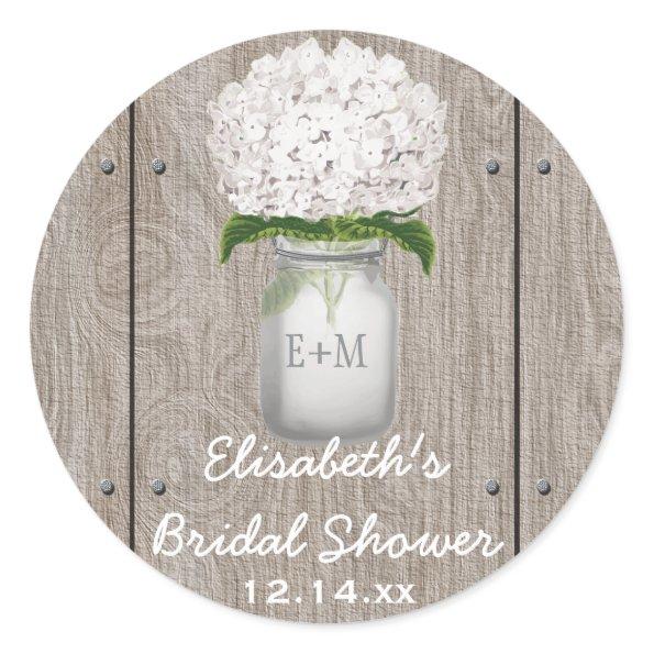 Monogram Mason Jar White Hydrangea  Classic Round Sticker