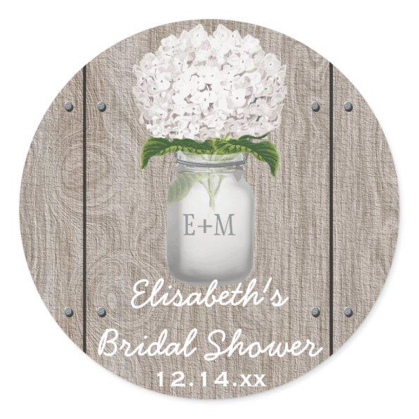 Monogram Mason Jar White Hydrangea Bridal Shower Classic Round Sticker