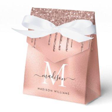 Monogram Metallic Rose Gold Pink Glitter Drips Favor Boxes