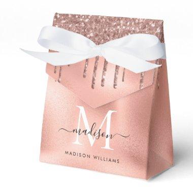 Monogram Metallic Rose Gold Pink Glitter Drips Favor Boxes