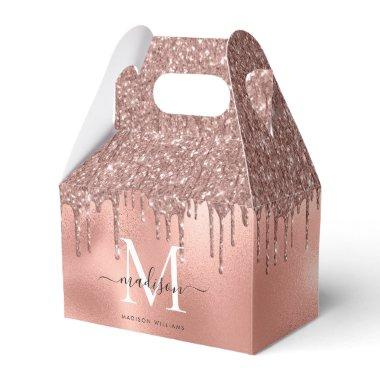 Monogram Metallic Rose Gold Pink Glitter Drips Favor Boxes