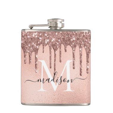 Monogram Metallic Rose Gold Pink Glitter Drips Flask