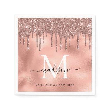 Monogram Metallic Rose Gold Pink Glitter Drips Napkins