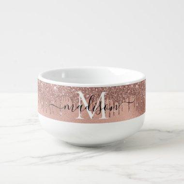 Monogram Metallic Rose Gold Pink Glitter Drips Soup Mug