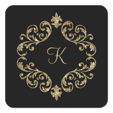 Monogram Name Black Gold Wedding Formal Party Square Sticker