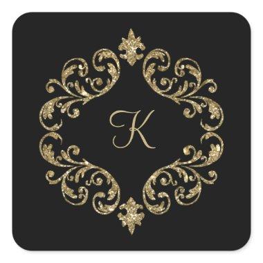 Monogram Name Black Gold Wedding Formal Party Square Sticker