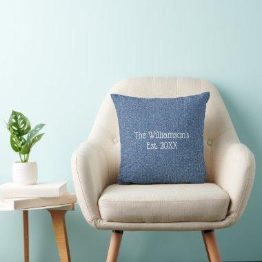 Monogram Name Blue Denim Gift for Couple Throw Pillow