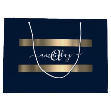 Monogram Name Blue Navy Gold Birthday Holidays Large Gift Bag