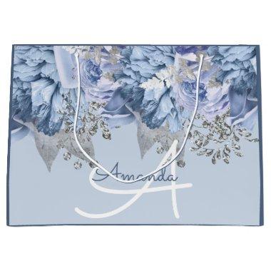 Monogram Name Bridal Favor Wedding Blue Floral Large Gift Bag